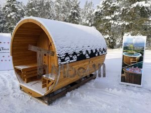 Utendørs barrel sauna med terrasse og Harvia elektrisk varmeovn (2)
