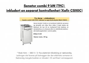 Senator combi 9 kW (T9C) inkludert en separat kontrollenhet (Xafir CS110C) for rektangulær badstue